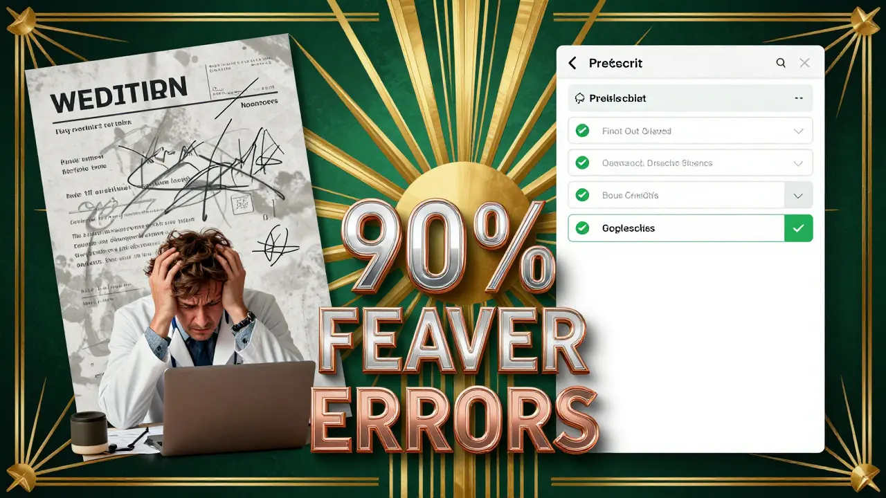 Split-image Art Deco ad contrasting messy handwriting with clean digital prescriptions, emphasizing 90% fewer errors.