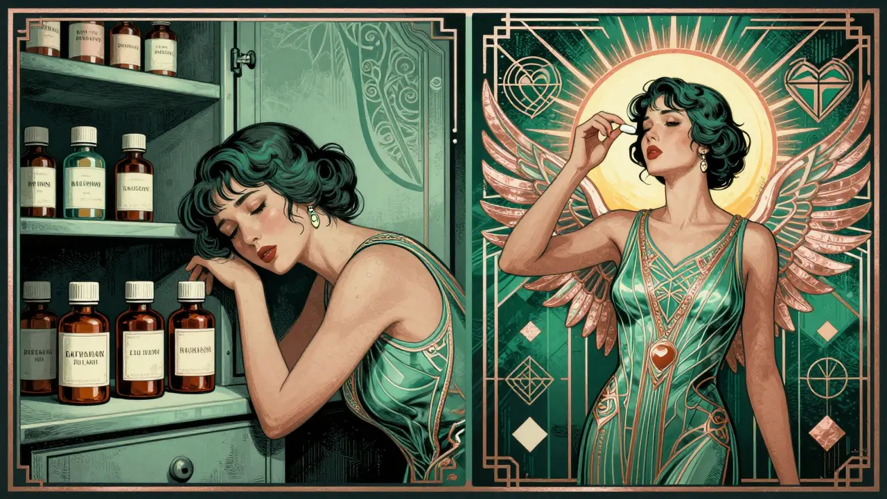 Split image: cluttered medicine cabinet vs. one pill with sunrise, symbolizing simplified heart care in Art Deco style.