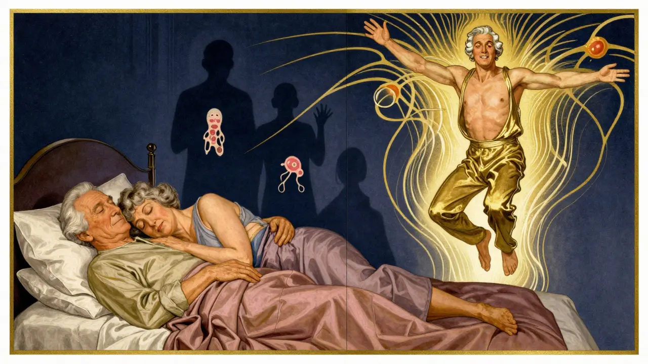 Split image: peaceful sleepers on one side, violent dream actions with shadowy neurodegenerative icons on the other.