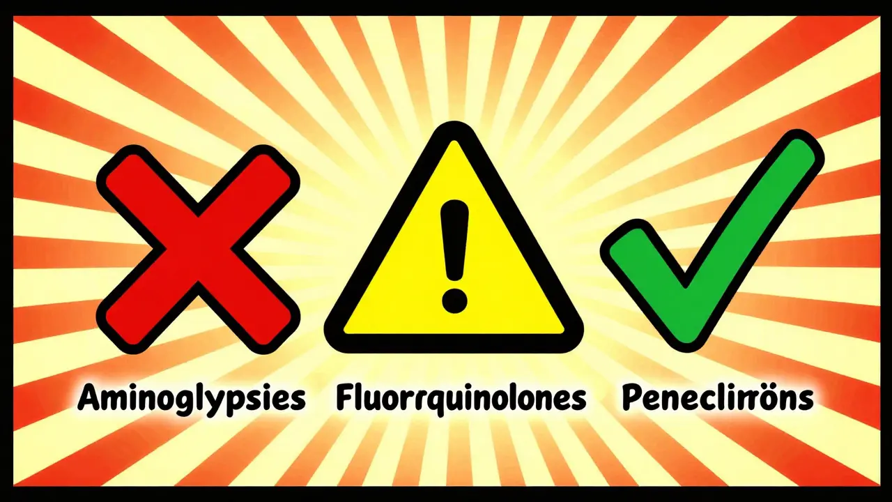 Three antibiotic risk symbols in geometric Art Deco design.