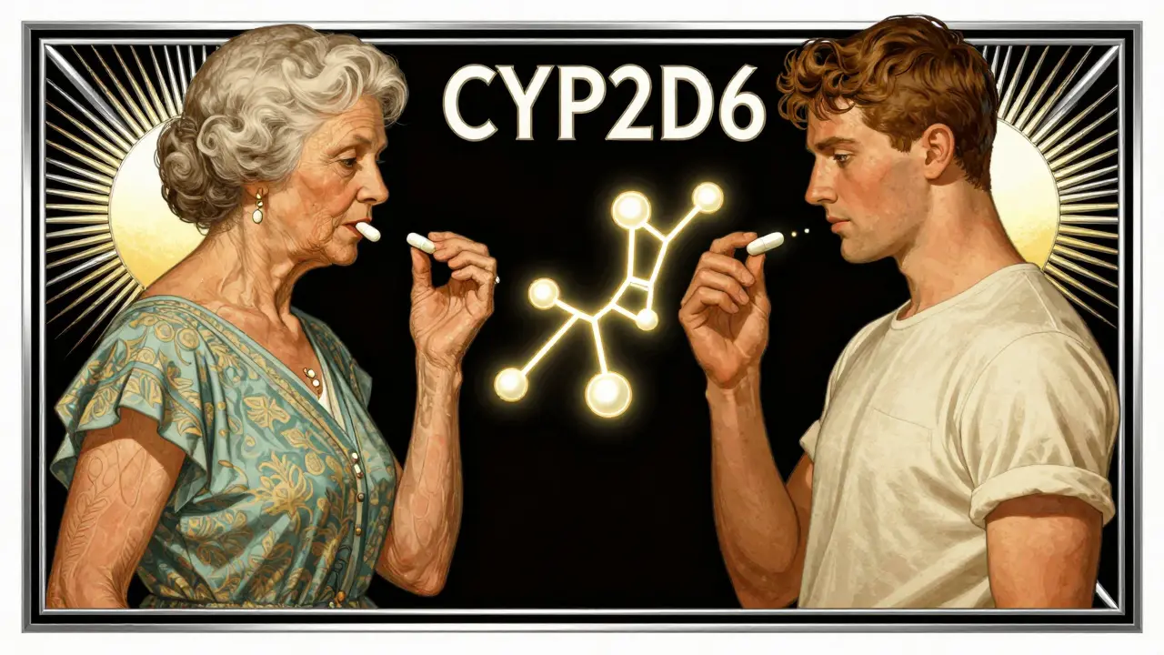 Two figures showing different drug metabolism rates with a glowing enzyme chart between them.