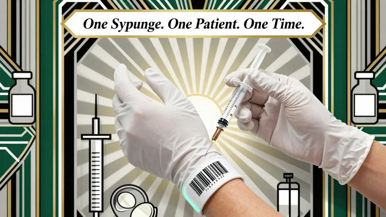 Two gloved hands verifying a medication dose with a glowing barcode and sunburst background in Art Deco style.