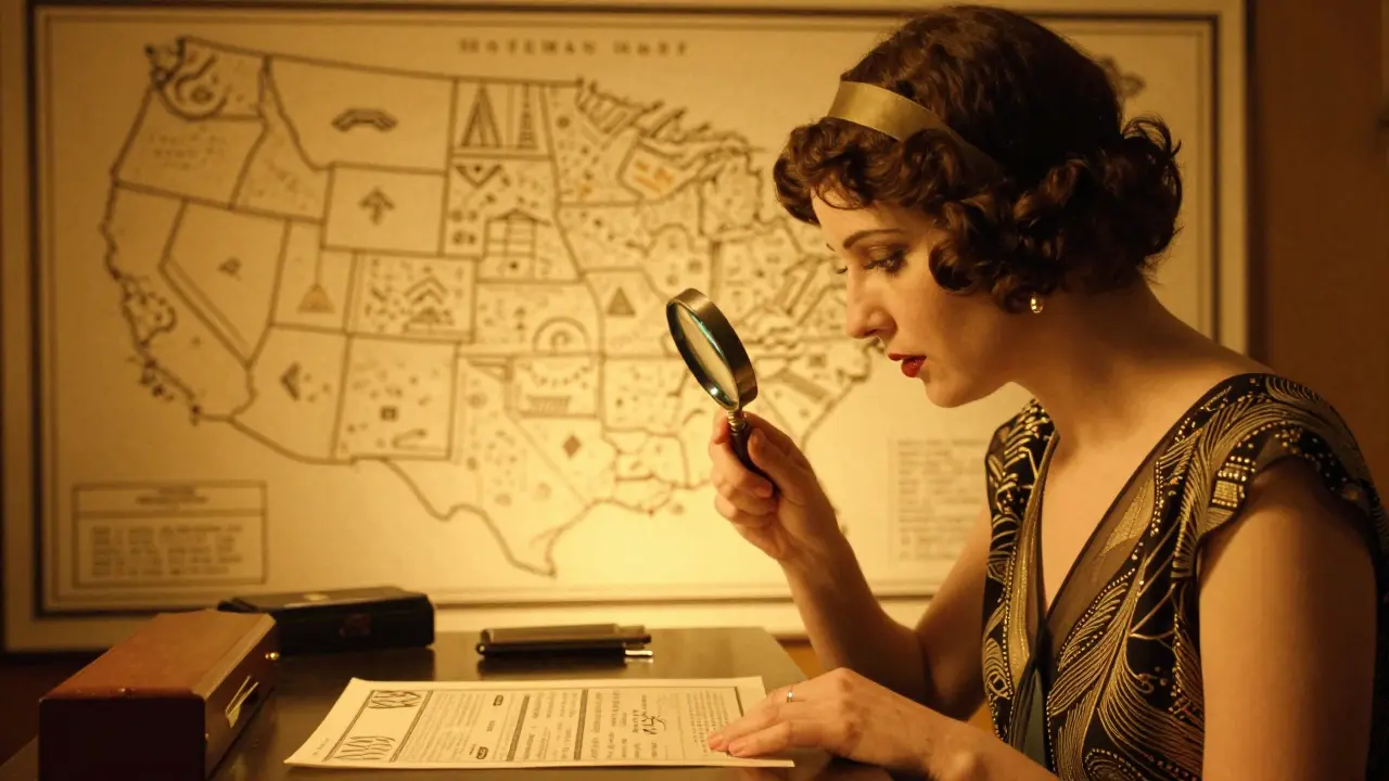 Woman verifying pharmacy license document with geometric US map background