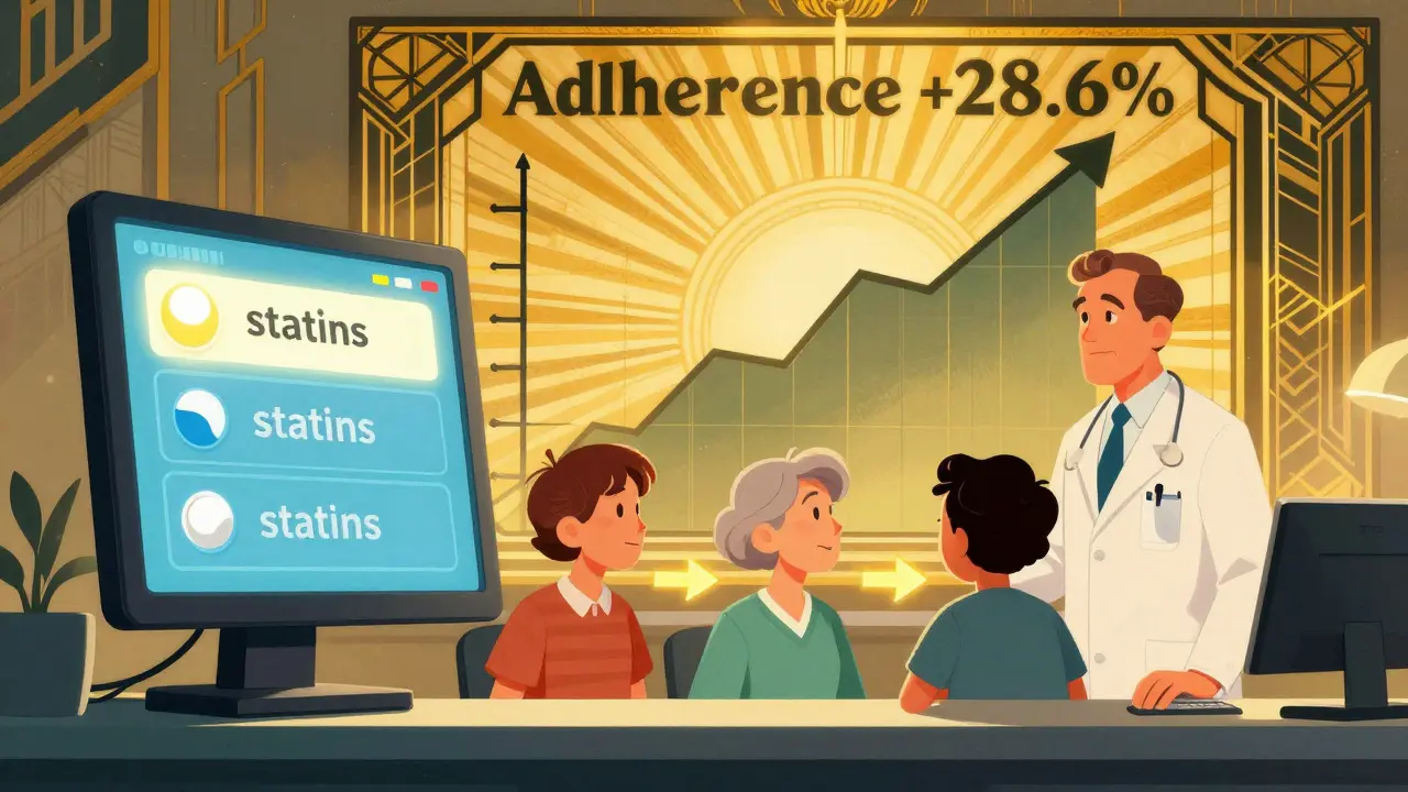 A digital prescription screen with a glowing generic drug at the top, nudging patients forward with golden arrows and an upward adherence graph.