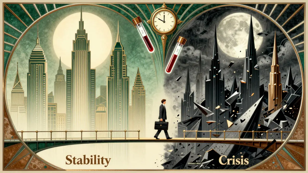 A divided cityscape with a person walking a bridge between stability and crisis, flanked by medical symbols and a ticking clock.