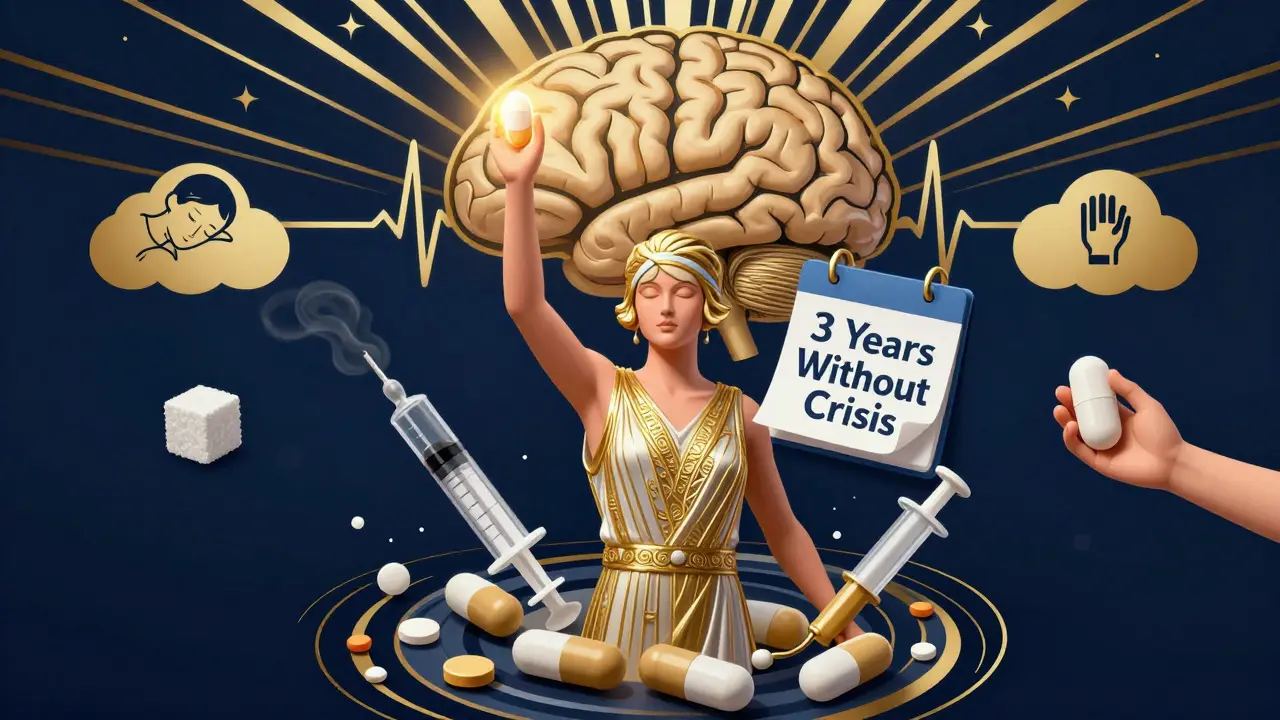 A figure rising from medical chaos, holding a tablet as a calm brain pulses behind them, with icons of sleep, work, and family.