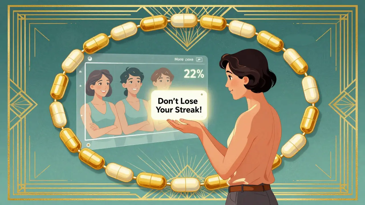 A patient receiving a glowing SMS reminder about their medication streak, surrounded by a golden chain of pills and a chart showing improved adherence.