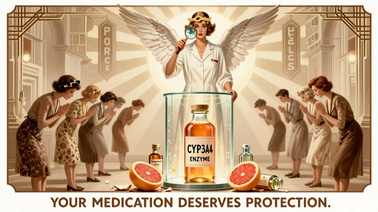 A pharmacist protecting medication enzymes from ruined grapefruit bottles in elegant Art Deco style.