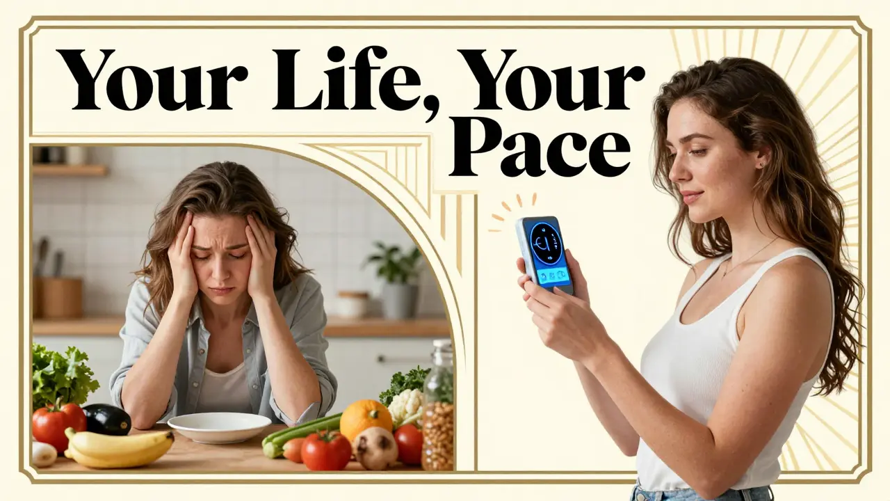 A split-panel scene shows a woman transitioning from fatigue to empowerment using smart home tech and heart rate monitoring for autoimmune rehab.