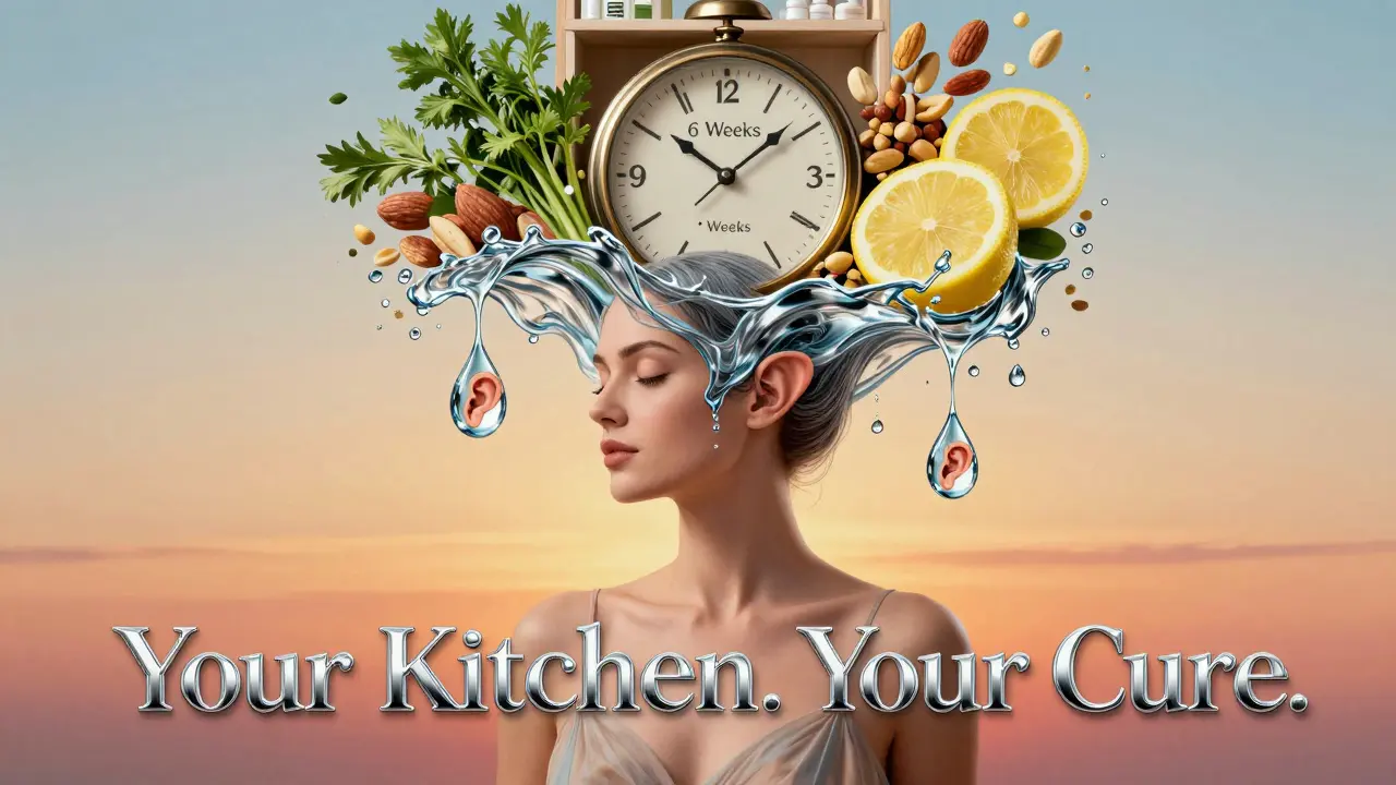 A woman's hair becomes water droplets with inner ears; low-sodium foods rise as jewels while high-sodium items crumble.