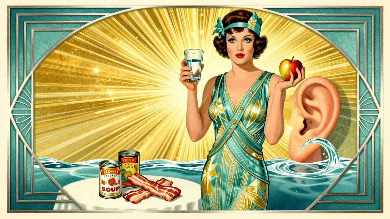 A woman in 1930s attire holds water and fruit while processed foods vanish in golden light, symbolizing Meniere’s diet benefits.