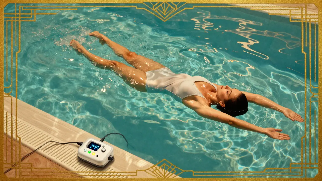 A woman performs gentle isometric exercises in a warm hydrotherapy pool, surrounded by Art Deco water patterns and a glowing TENS unit.