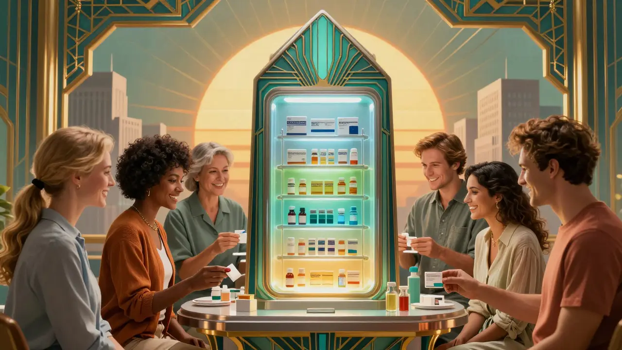 Diverse patients receiving prescriptions from a glowing Art Deco obelisk pharmacy machine.
