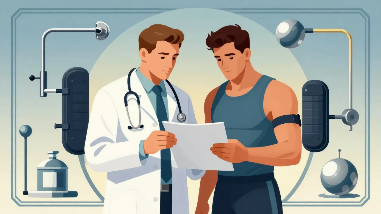 Doctor and athlete planning safety strategy with gear shown.