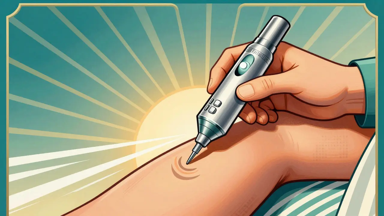 Hand using auto-injector device on thigh for emergency treatment.