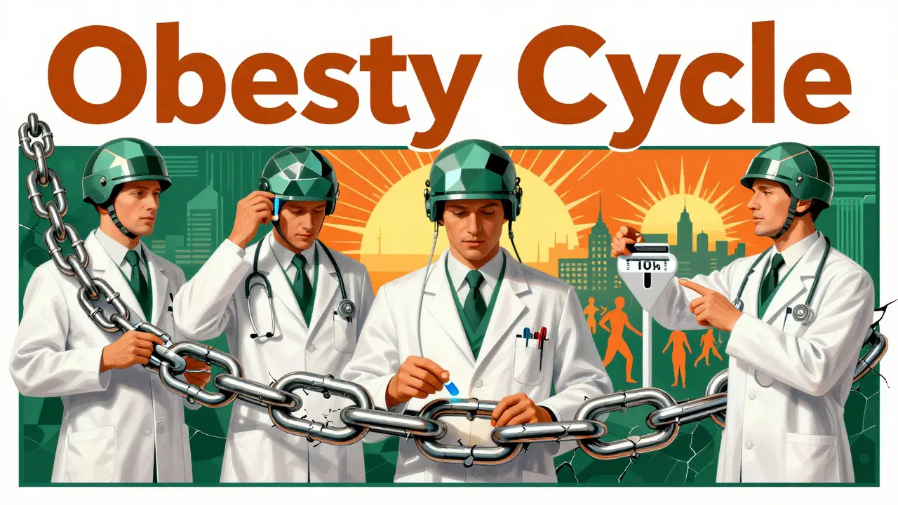 Medical heroes breaking a chain of obesity-related diseases with pill, implant, and weight loss symbol in bold Art Deco advertising style.