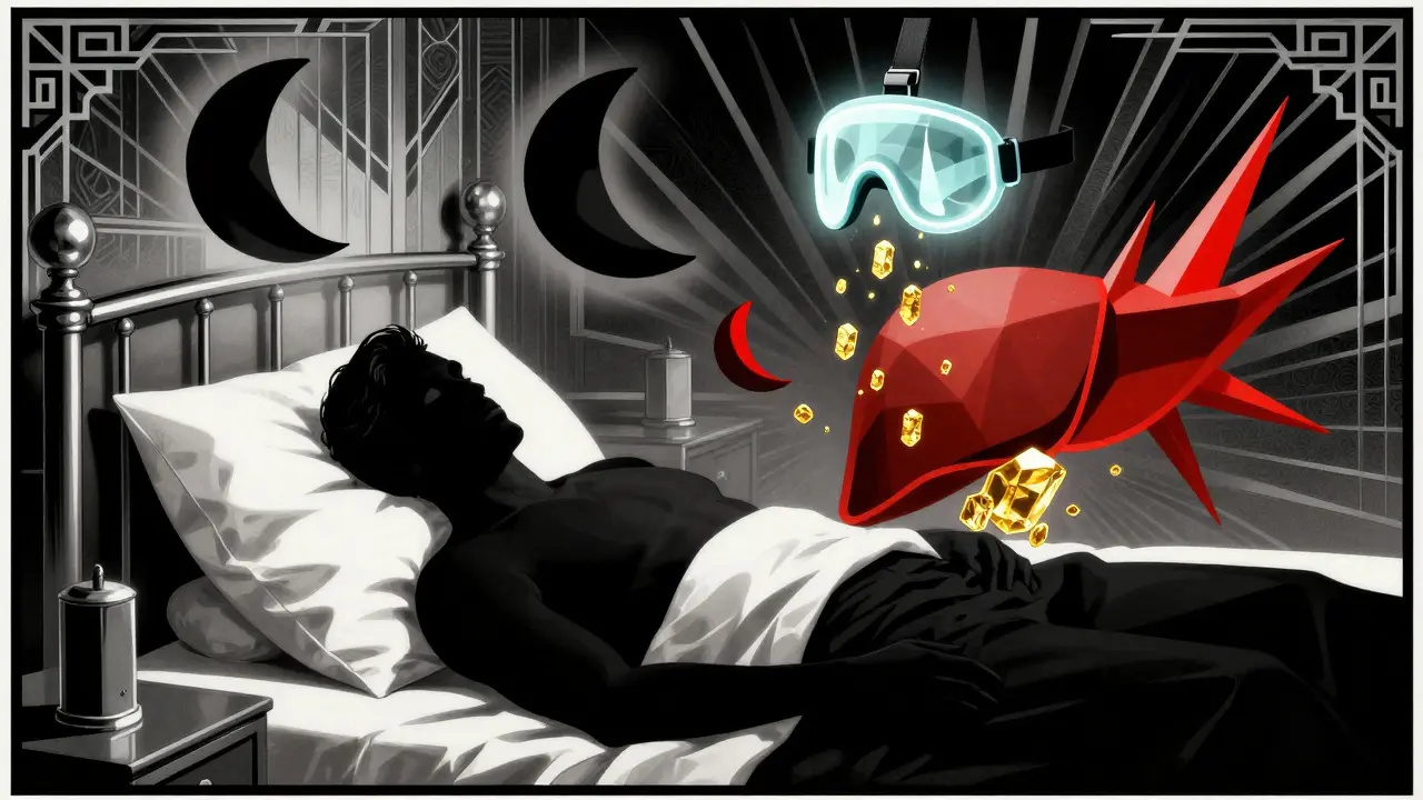 Night scene with a sleeping man, floating airway blockages, blood pressure spikes, and a glowing CPAP mask in stylized Art Deco design.