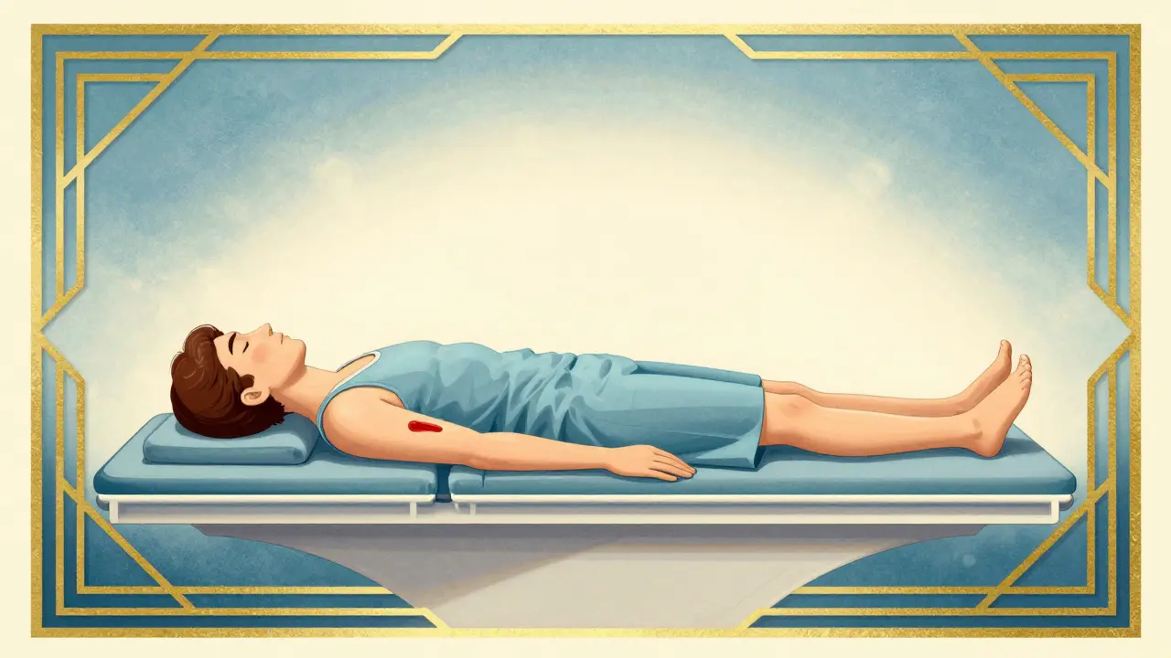 Patient lying flat with legs elevated for proper recovery positioning.