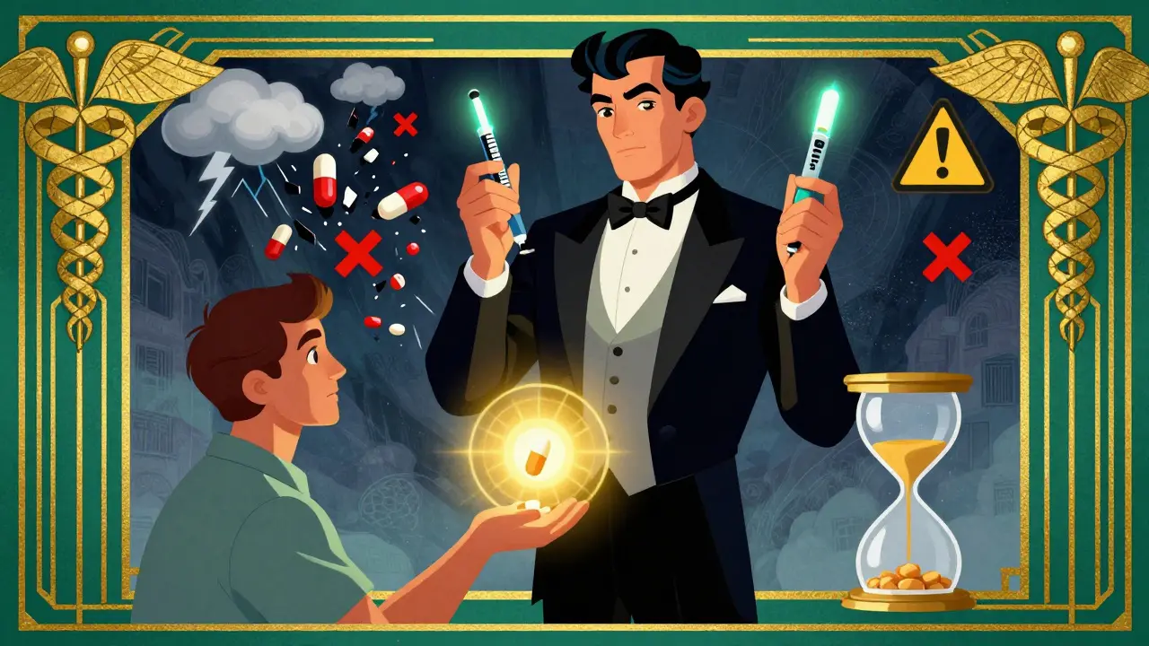 Pharmacist holding life-saving drugs as crumbling pills fade behind, under Art Deco motifs.