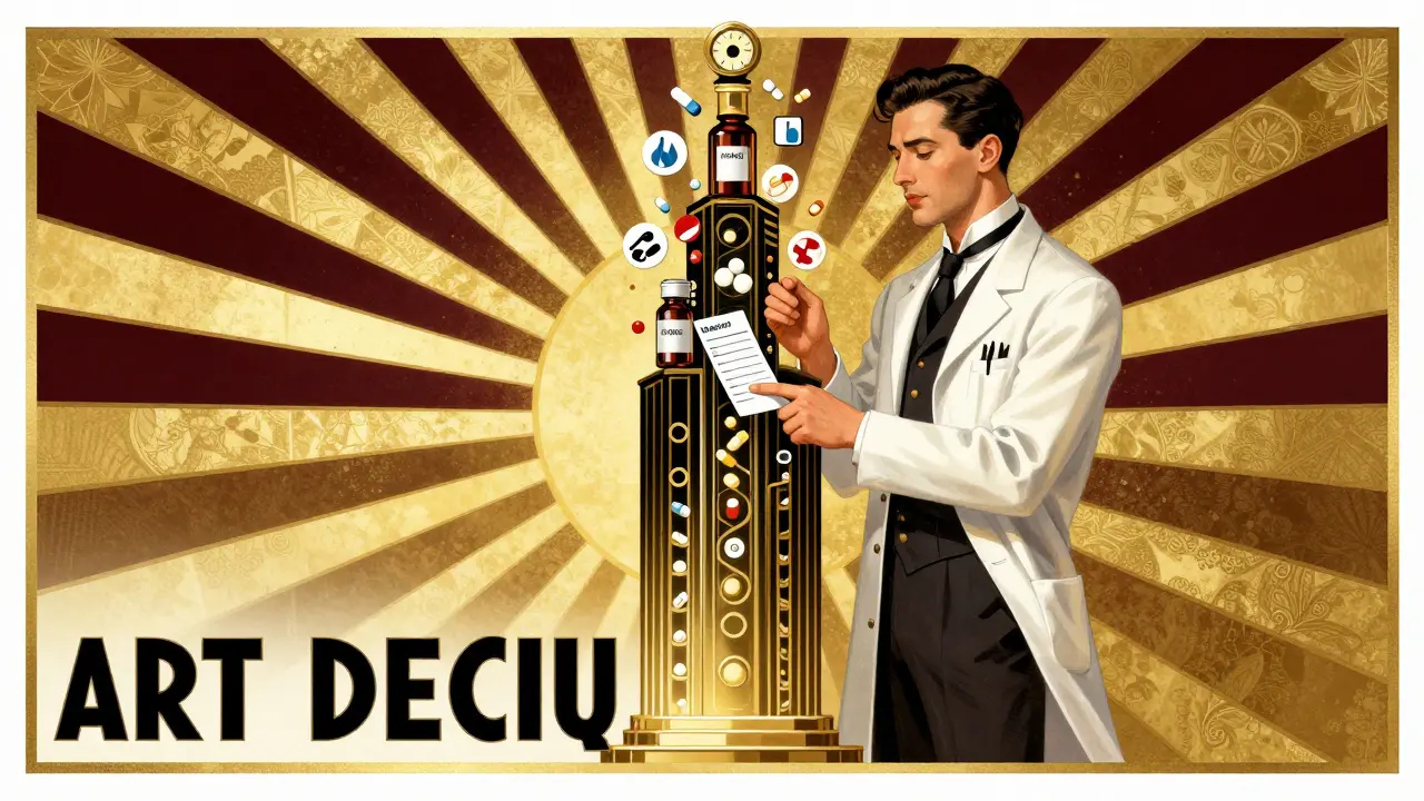 Pharmacist pointing to a sunburst formulary tower with tiered drug icons in elegant 1930s style.