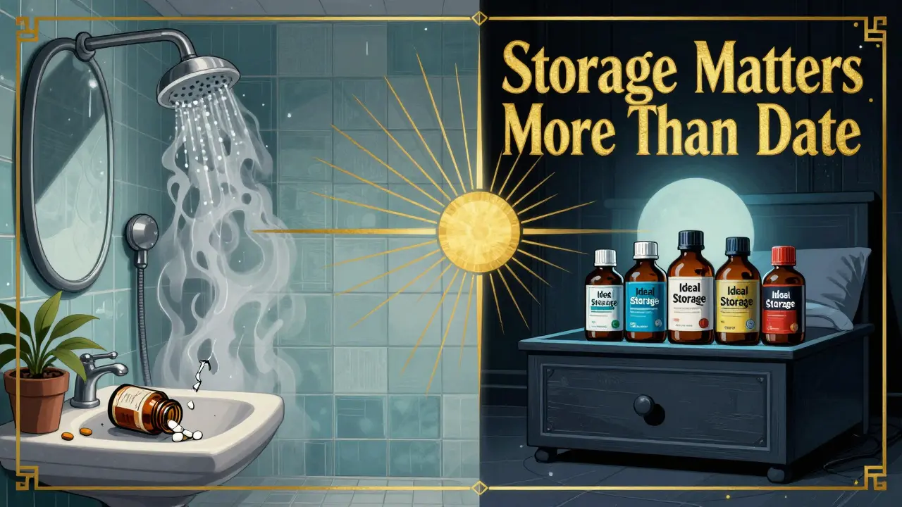 Split scene: humid bathroom with damaged medicine vs. cool, safe drawer with intact pills.