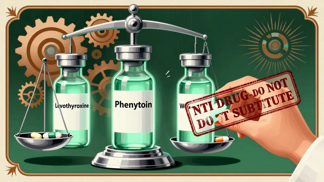 Three glowing NTI drug vials on a medical dashboard, one tipping as a generic replaces it, with doctor's stamp in Art Deco style.