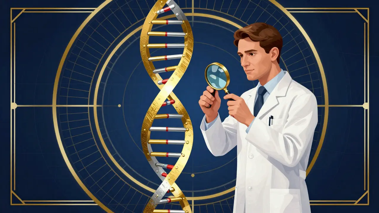 A gold DNA helix and a scientist in a futuristic Art Deco laboratory setting.