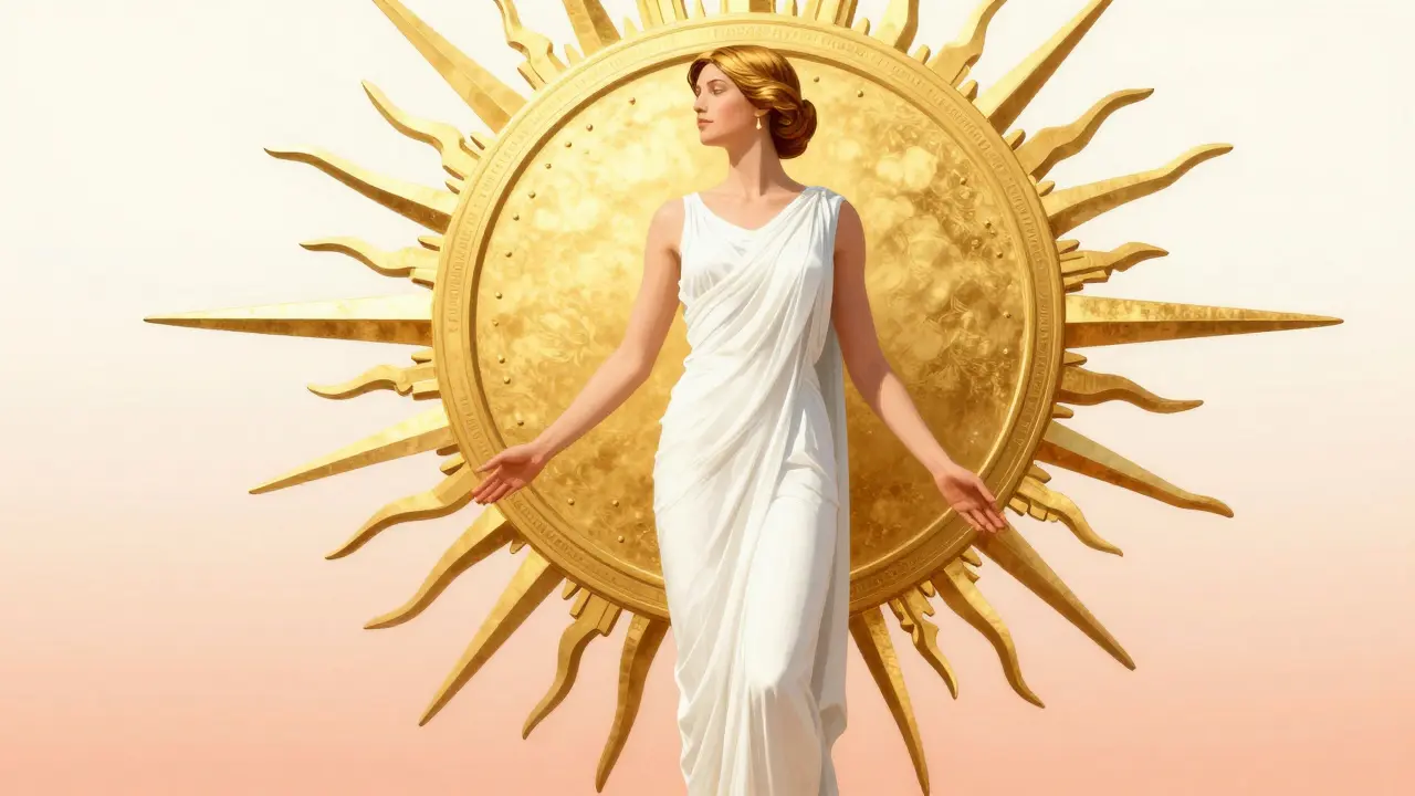 A serene person framed by a golden sunburst symbolizing recovery and balance.