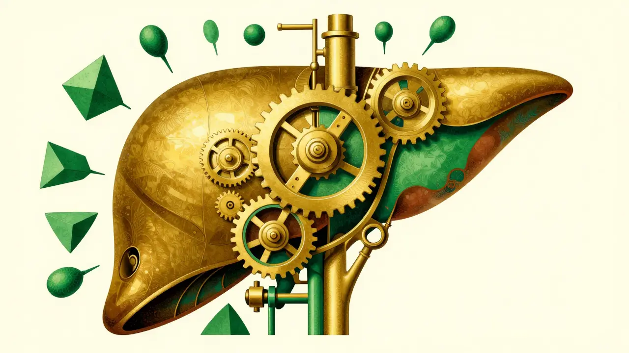 Abstract gold liver depicted as a machine with gears and valves in Art Deco advertising style