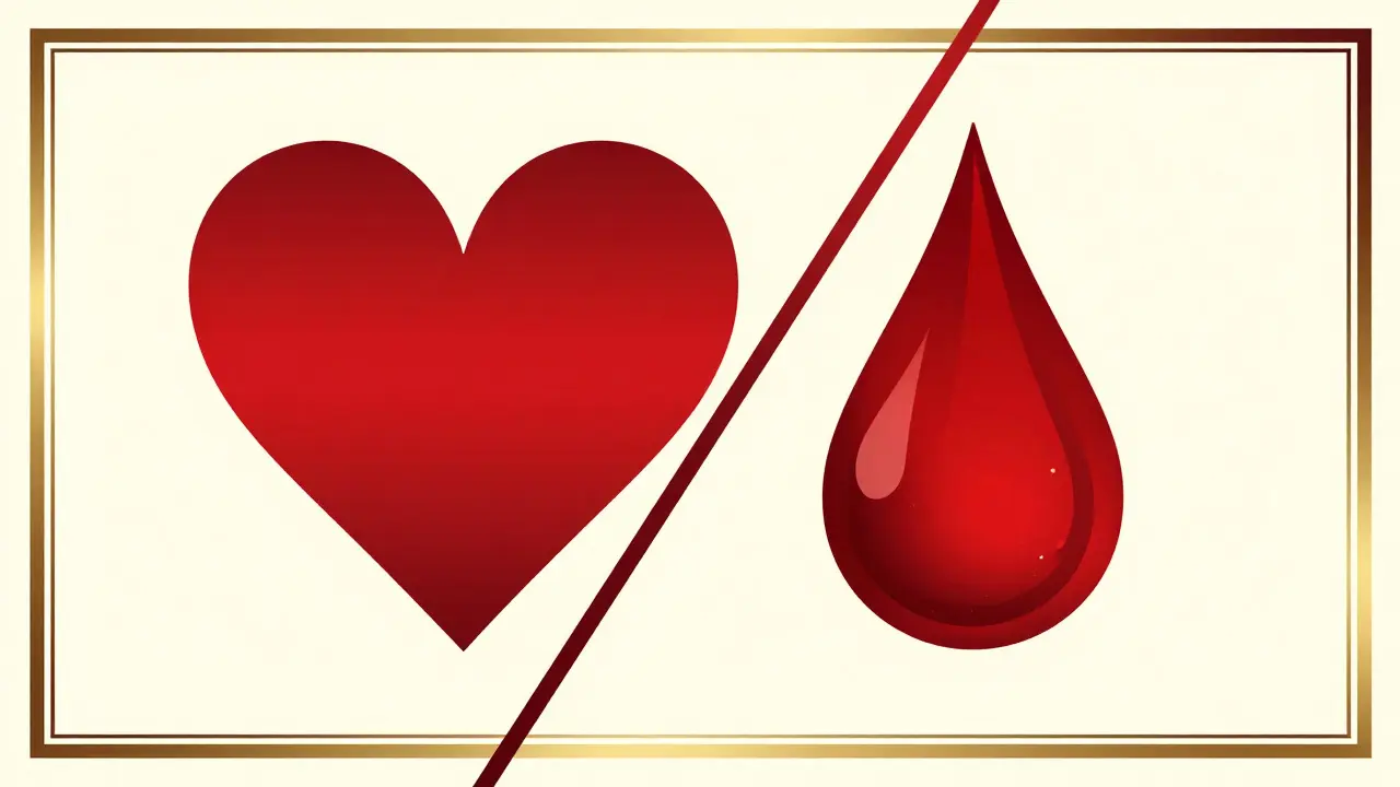 Abstract split illustration showing a heart and a blood drop in Art Deco style