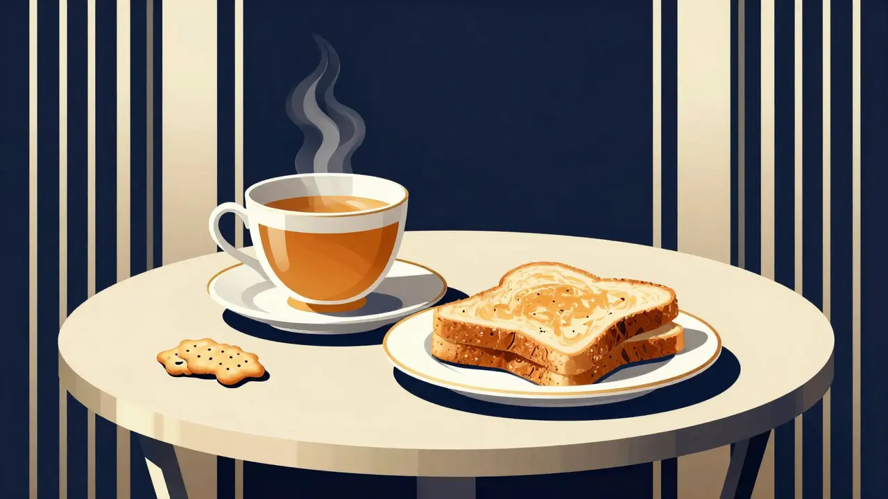An elegant Art Deco arrangement of ginger tea and crackers on a table.