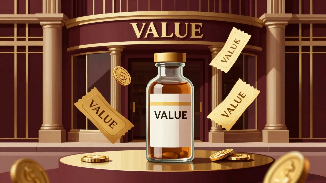 Art Deco artwork of a medicine bottle with golden coupons and a luxury pharmacy