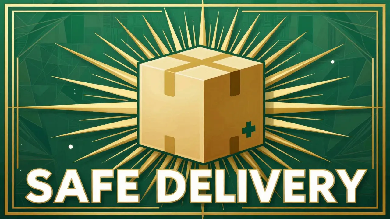 Art Deco illustration of a medical package with gold sunburst rays