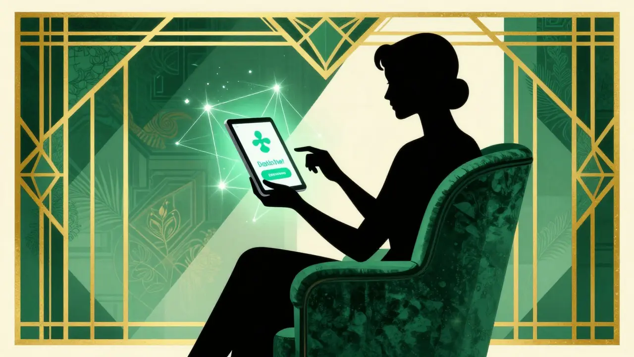 Art Deco scene of a person using a tablet for a virtual medical consultation