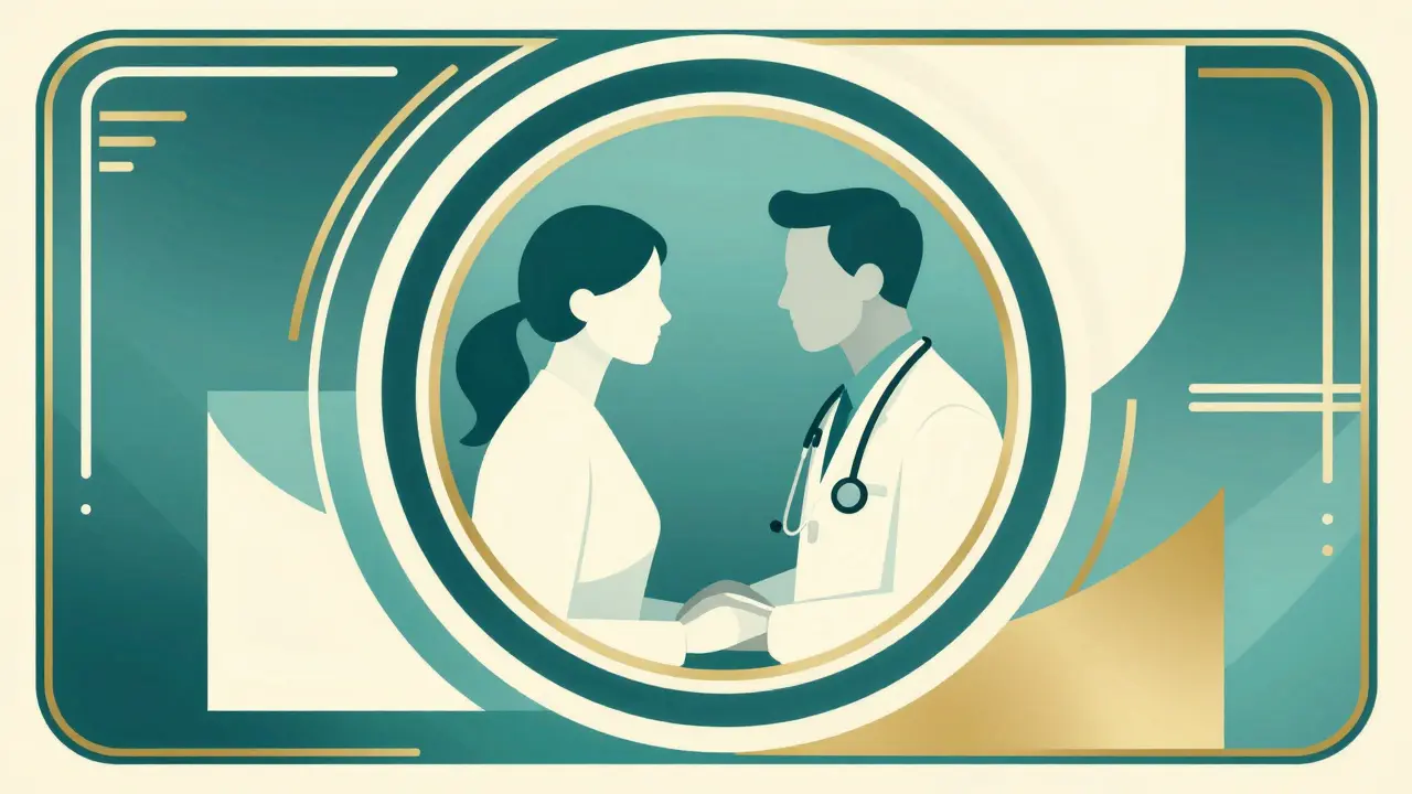 Art Deco style depiction of a professional telehealth medical consultation