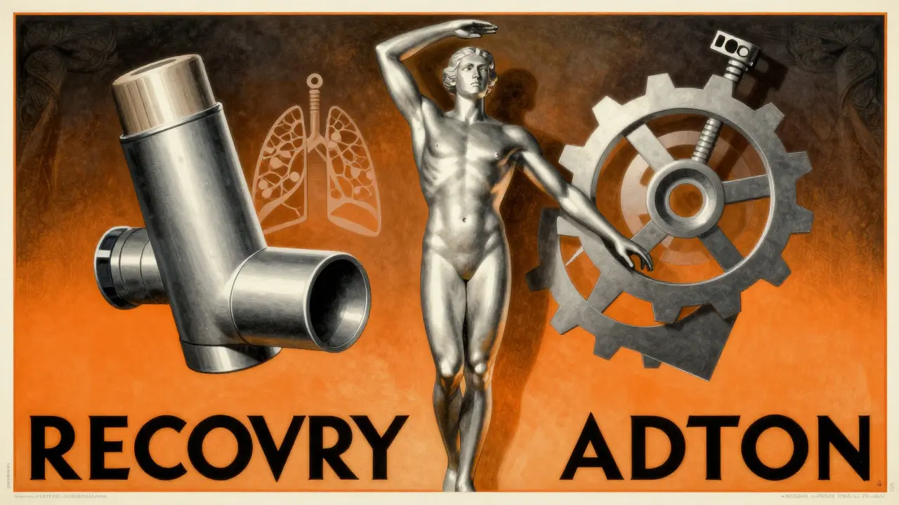 Art Deco style image of a person achieving better health through lung treatment and rehabilitation.