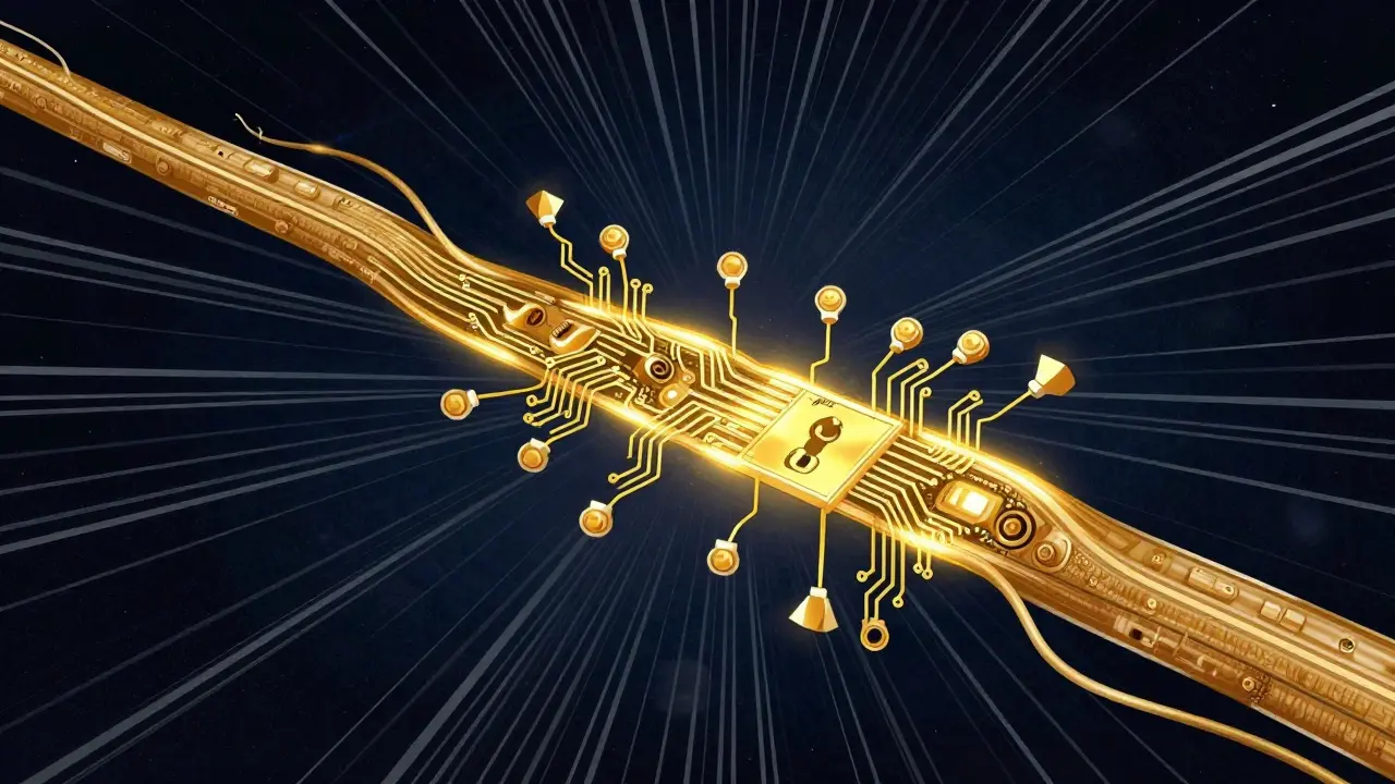 Artistic representation of precise medication targeting a golden, circuit-like peripheral nerve.