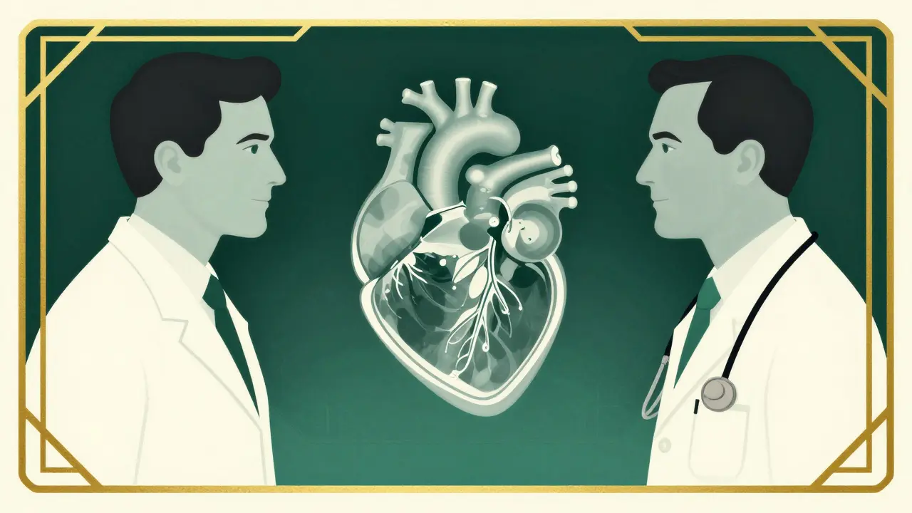 Doctor and patient discussing a heart calcium scan in Art Deco advertising style