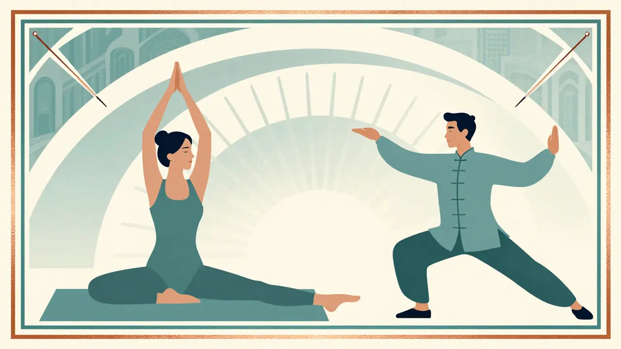 Elegant figures practicing yoga and Tai Chi in a geometric Art Deco wellness setting.
