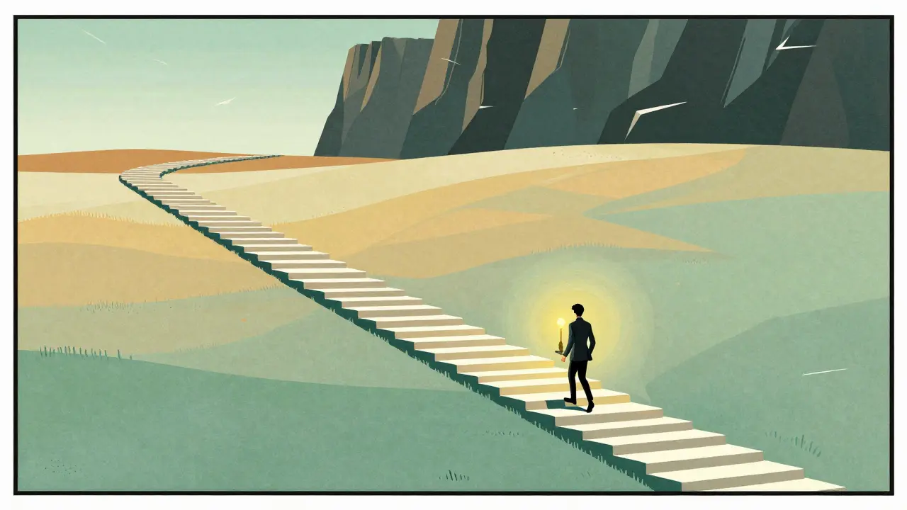 Figure on gentle stairs avoiding distant cliff in vintage advertisement art.