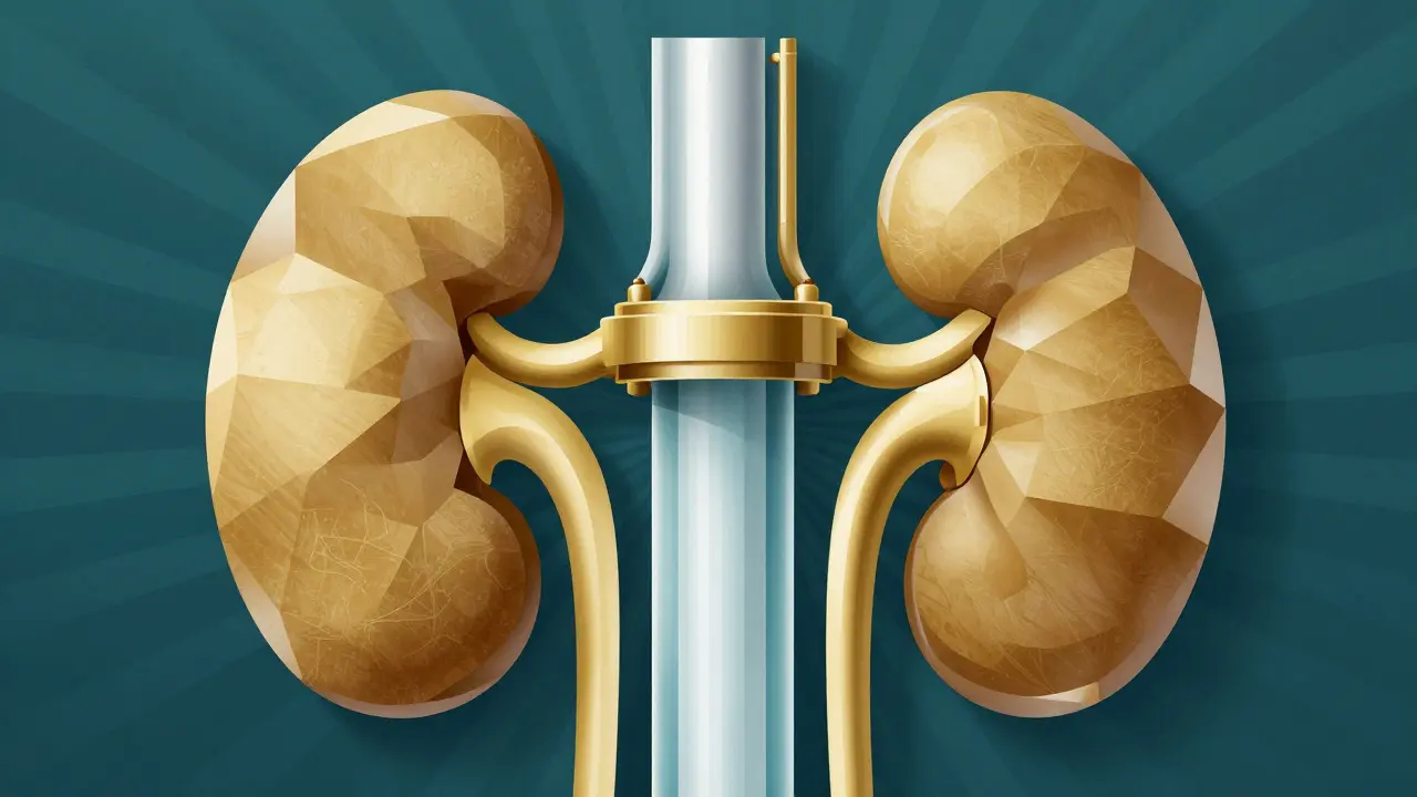 Geometric gold and silver kidneys with flowing blue fluids in an Art Deco architectural style