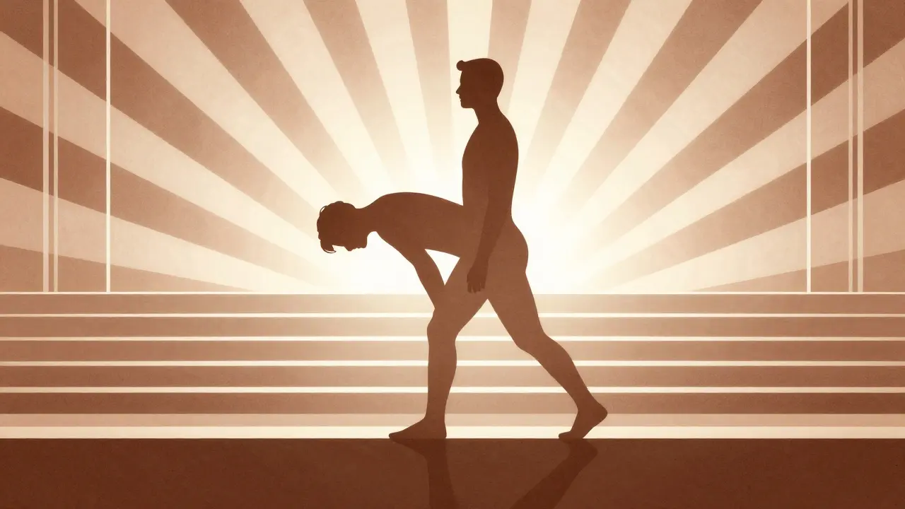 Person transitioning from a stooped posture to walking upright in Art Deco style