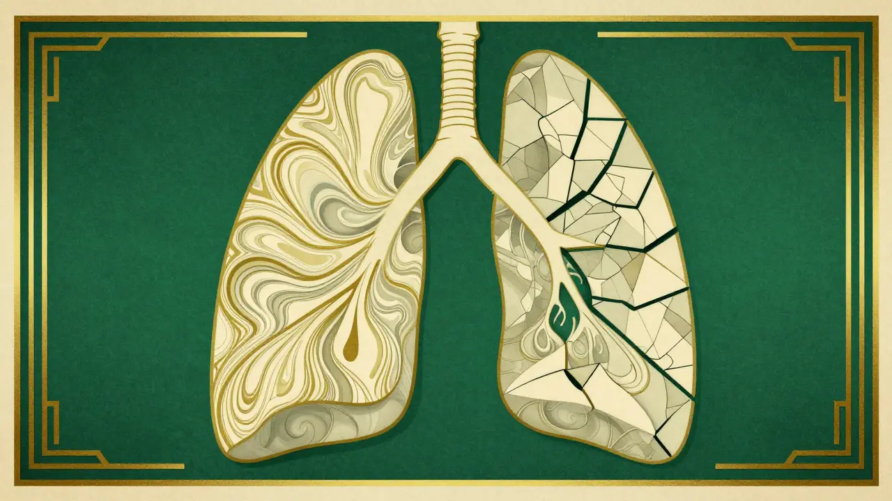 Stylized Art Deco lungs showing the difference between reversible asthma and permanent COPD damage.