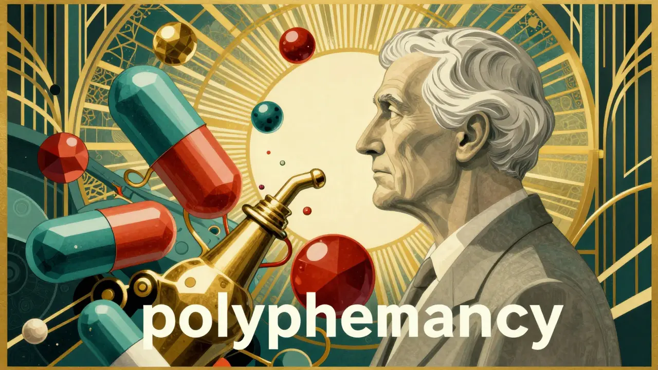Stylized elderly person surrounded by colorful clashing pills in Art Deco art.