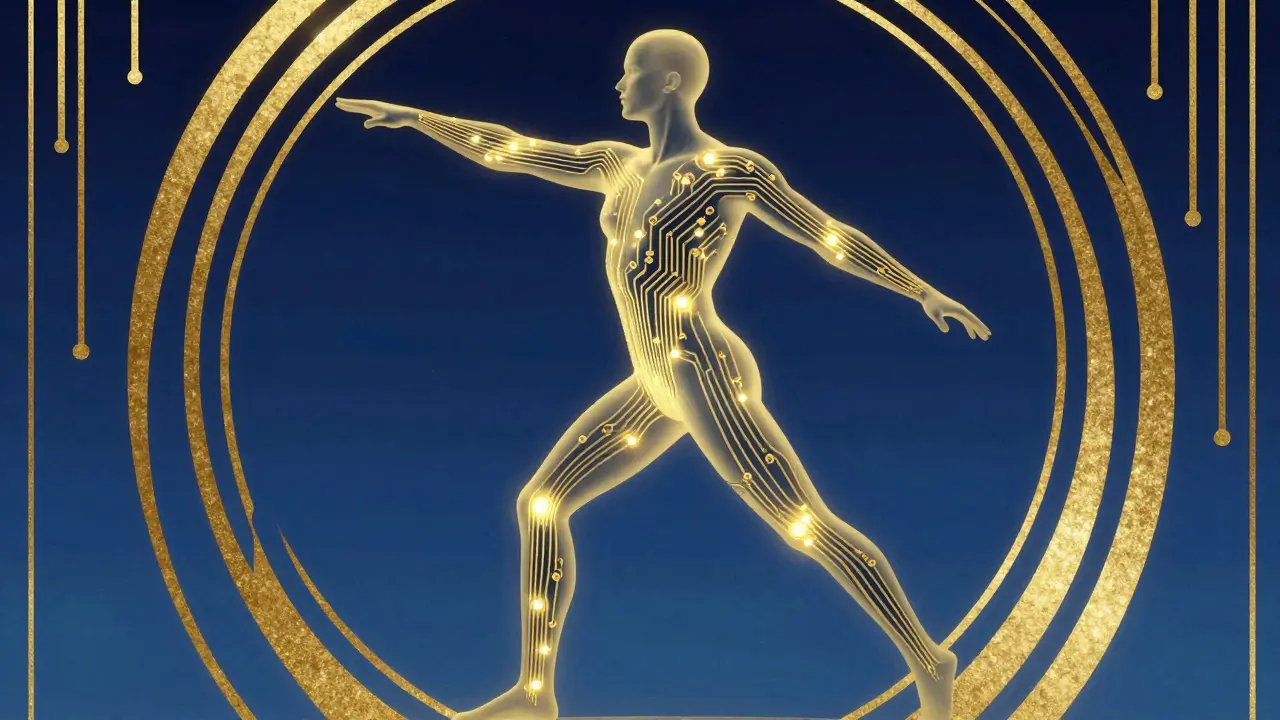 Stylized human silhouette with golden glowing joints in Art Deco style