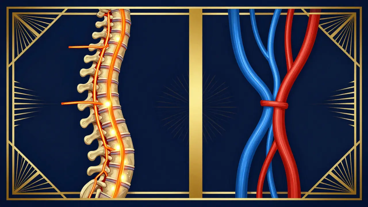 Symmetrical Art Deco comparison of spinal nerve compression and blood flow