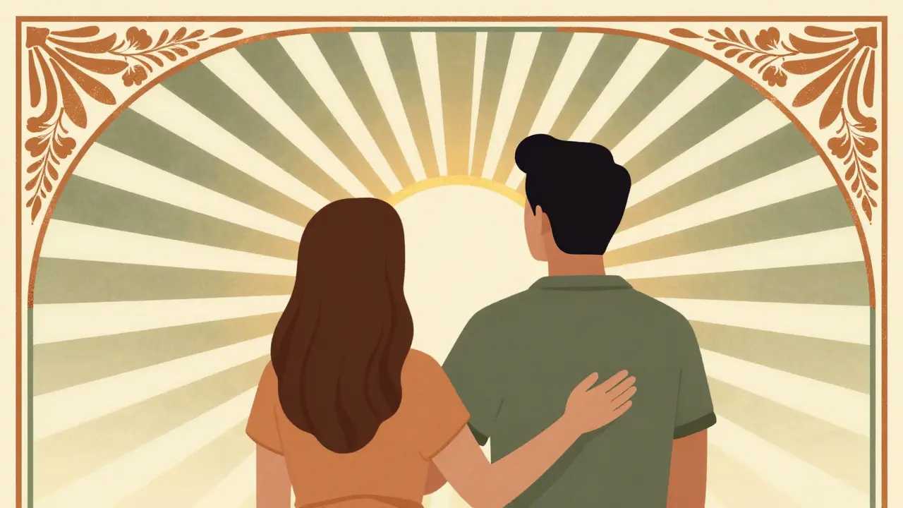 Two people facing sunrise with fan rays in Art Deco illustration.