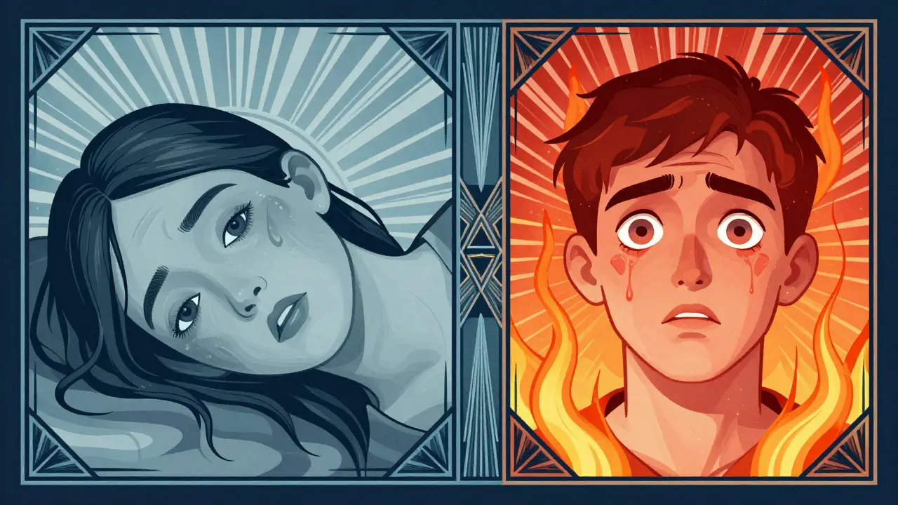 Art Deco graphic contrasting pinpoint pupils of opioids with dilated pupils of stimulants.