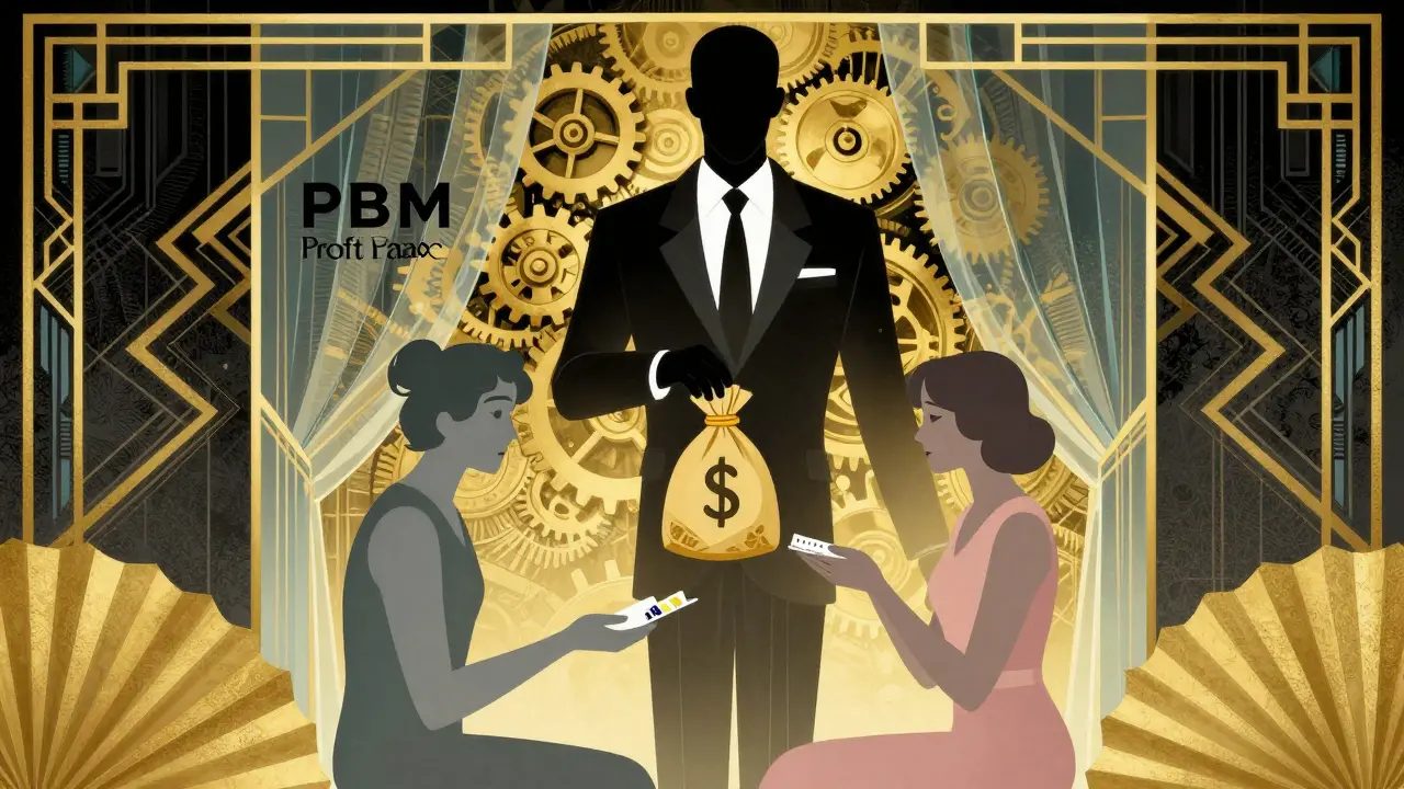 Art Deco graphic depicting hidden fees and profit margins in pharmacy benefits.