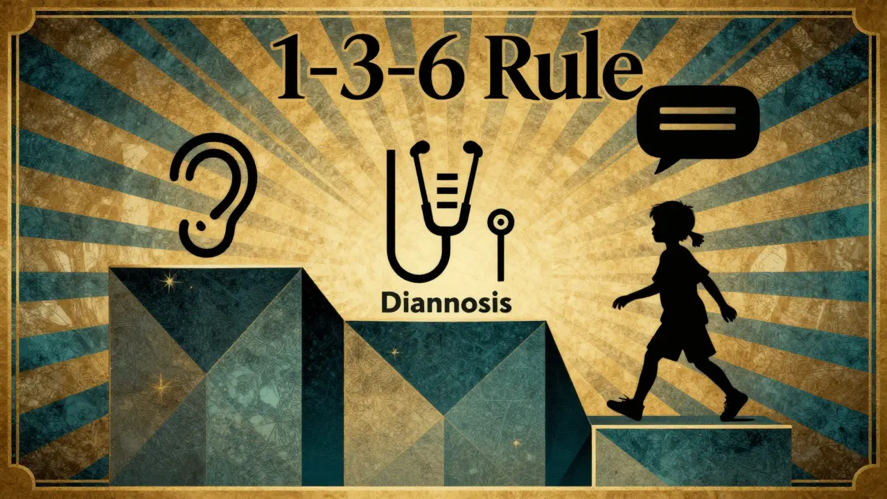 Art Deco graphic showing the 1-3-6 hearing loss timeline steps